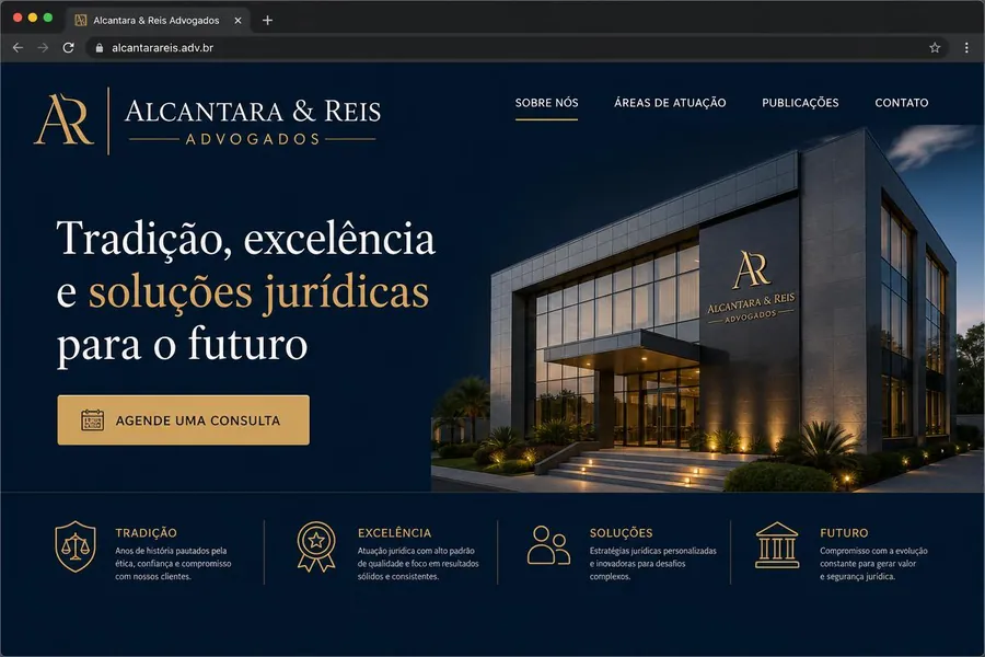 Mockup do site fictício do escritório Alcantara & Reis, em português