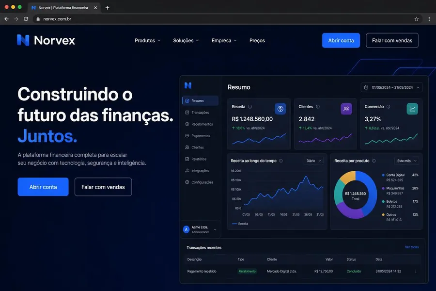 Mockup do site fictício da fintech Norvex, em português