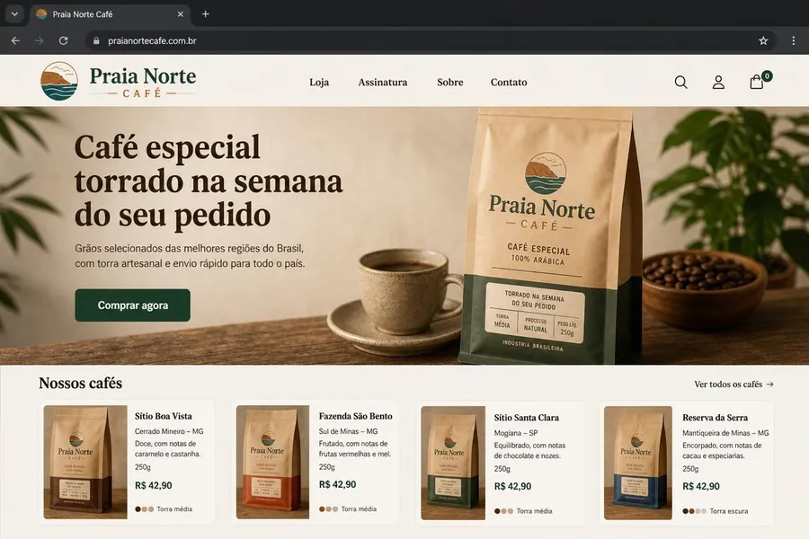 Mockup da loja virtual fictícia Praia Norte Café